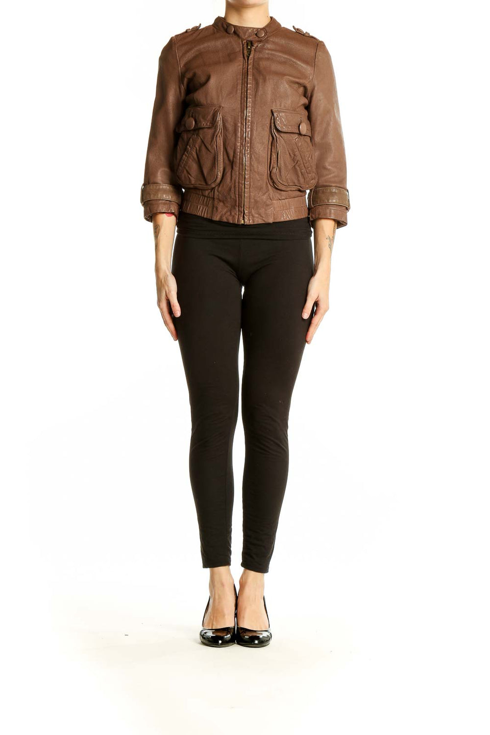 Front view of Charlotte Ronson brown leather cropped moto jacket