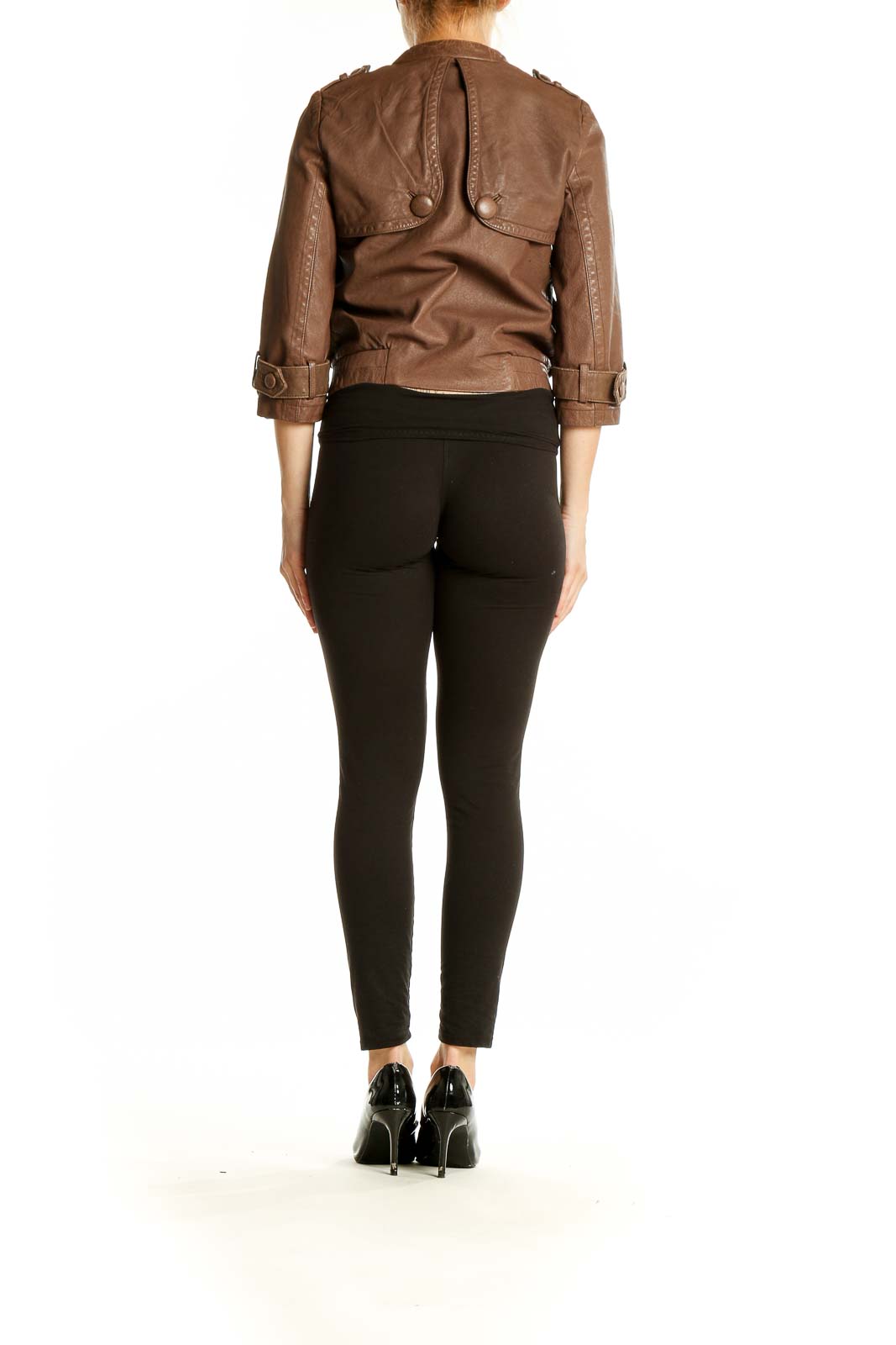 Side view of Charlotte Ronson brown leather cropped moto jacket on model