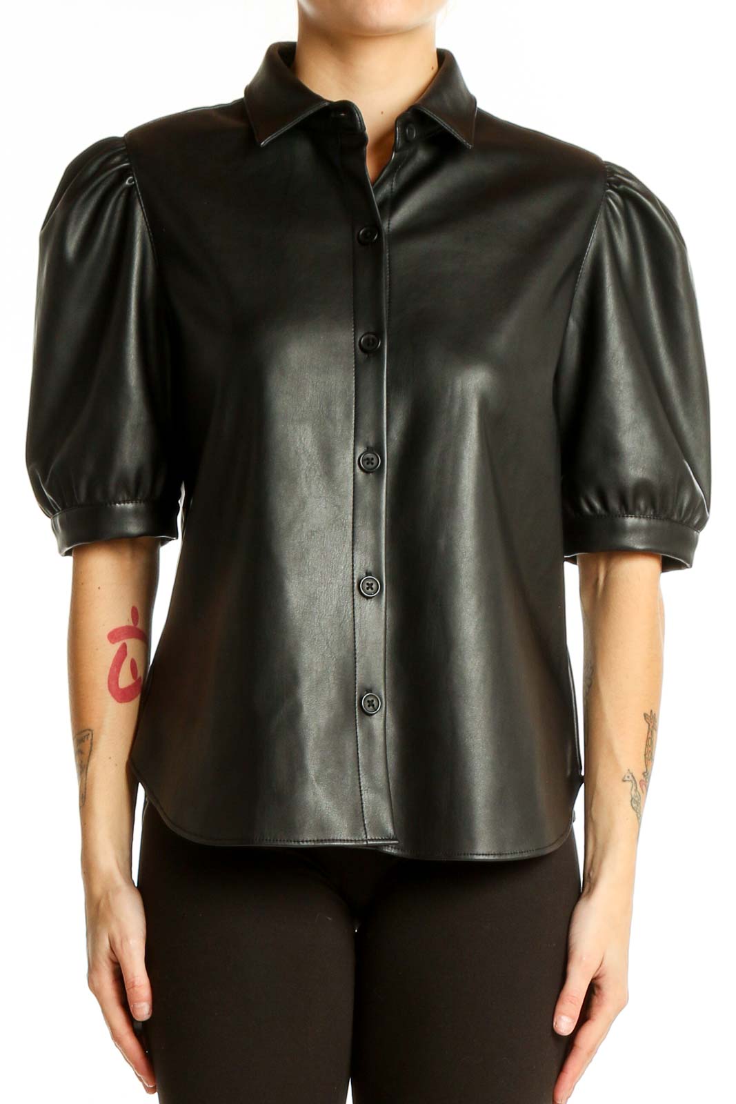 Front view of BB Dakota Black Faux Leather Button-Up Shirt with puff sleeves