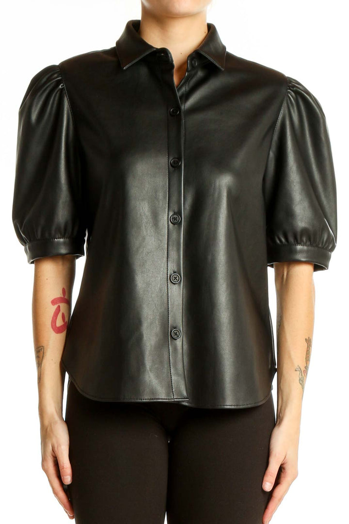 Front view of BB Dakota Black Faux Leather Button-Up Shirt with puff sleeves