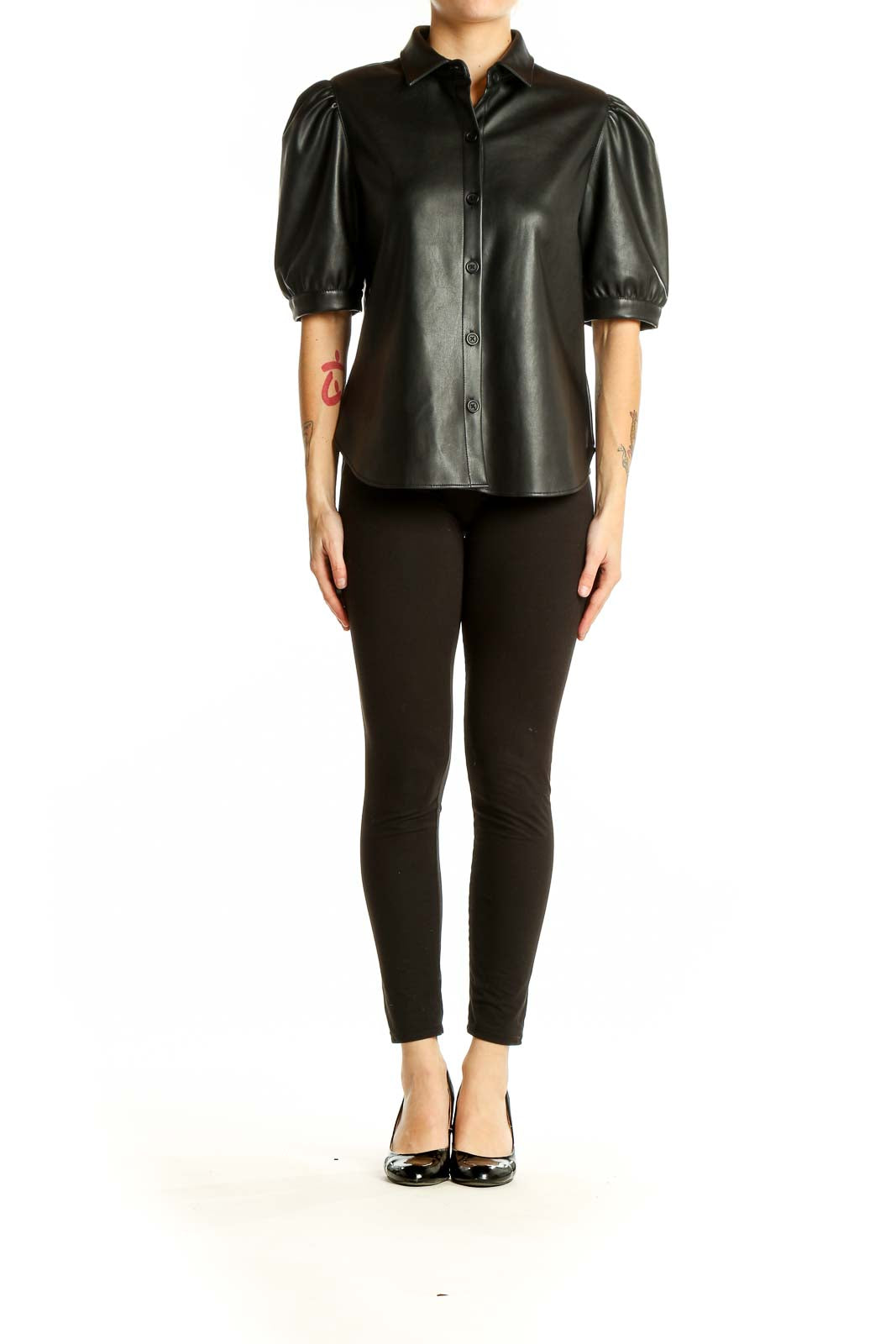 Front view of BB Dakota Black Faux Leather Button-Up Shirt with puff sleeves