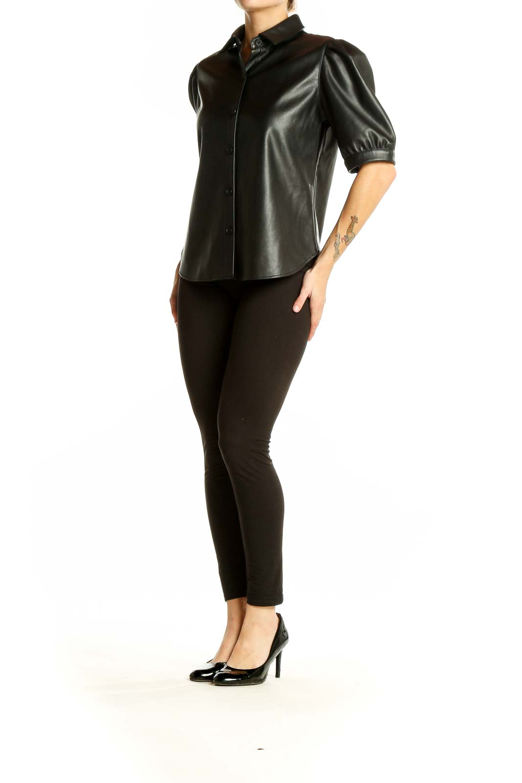 Front view of BB Dakota Black Faux Leather Button-Up Shirt with puff sleeves