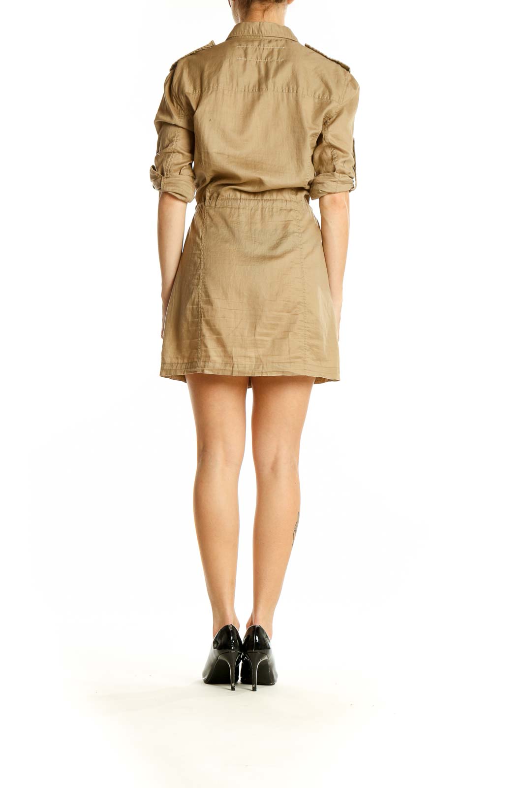 Side view of Rag & Bone khaki shirt dress showing roll-up sleeves and knee-length cut