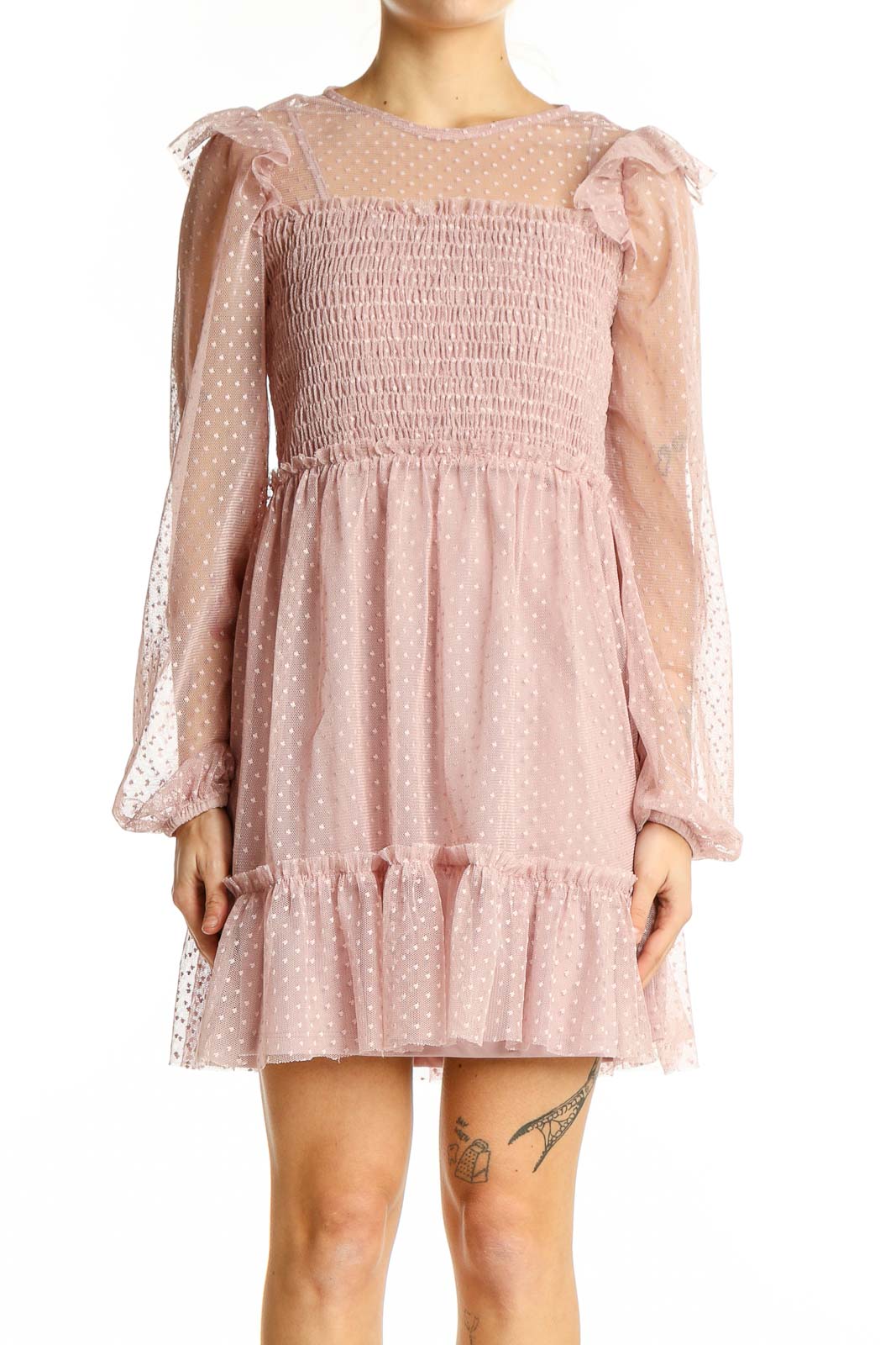 Front view of River Island pink polka dot mini dress with smocked bodice and puff sleeves