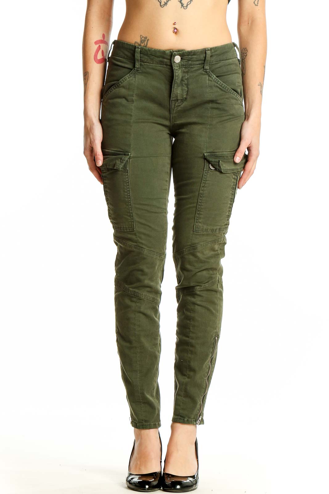 Front view of olive green J Brand cargo skinny jeans