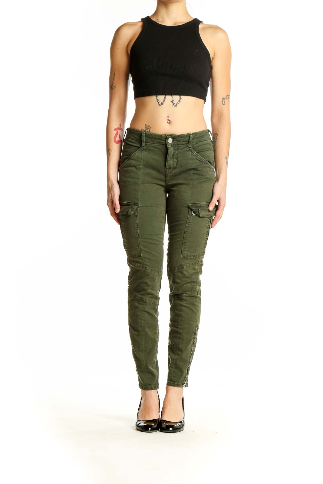 Front view of olive green J Brand cargo skinny jeans