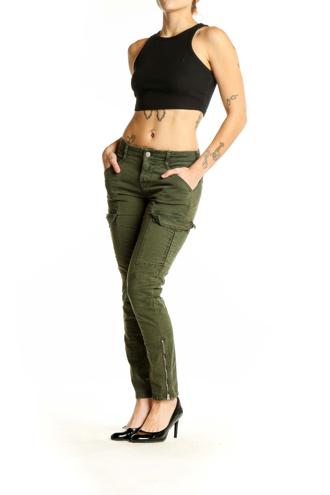 Front view of olive green J Brand cargo skinny jeans