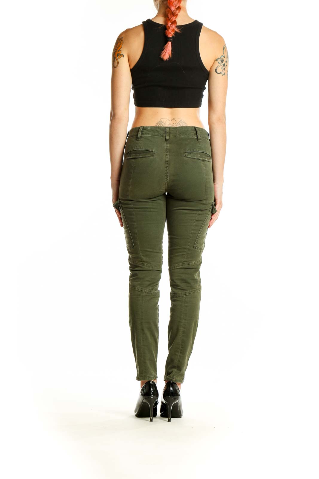 Back view of olive green J Brand cargo skinny jeans on model