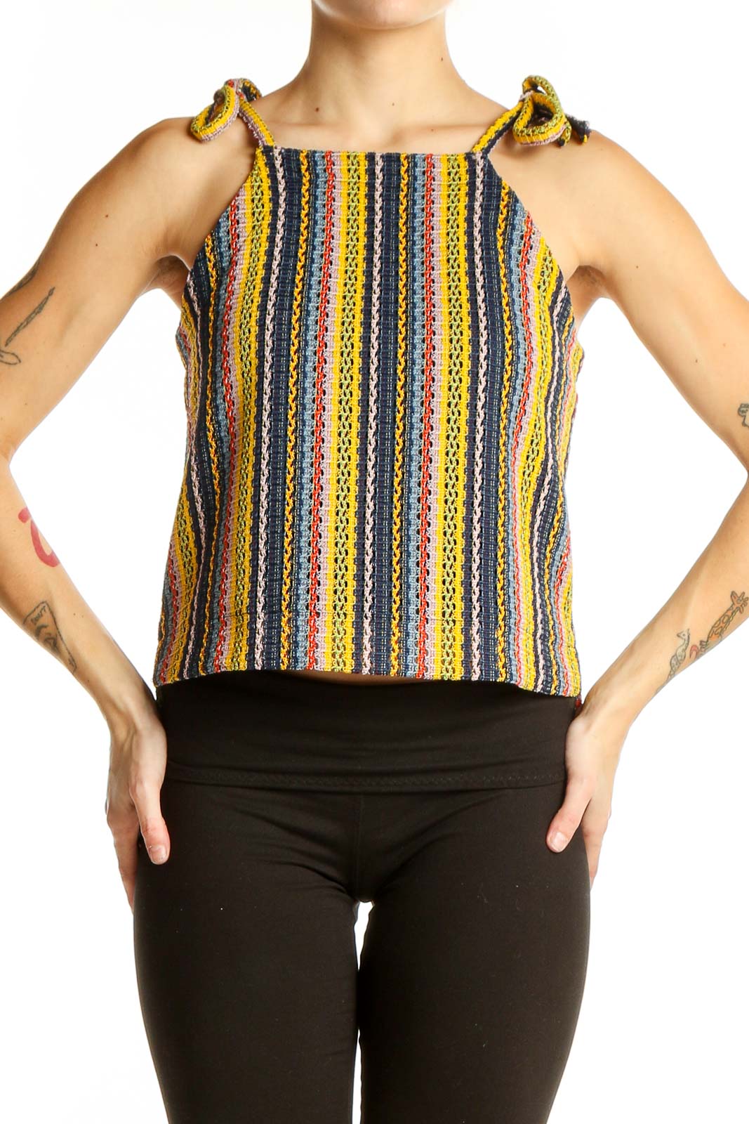 Front view of Texture & Thread Madewell Multicolor Striped Tie-Shoulder Tank Top