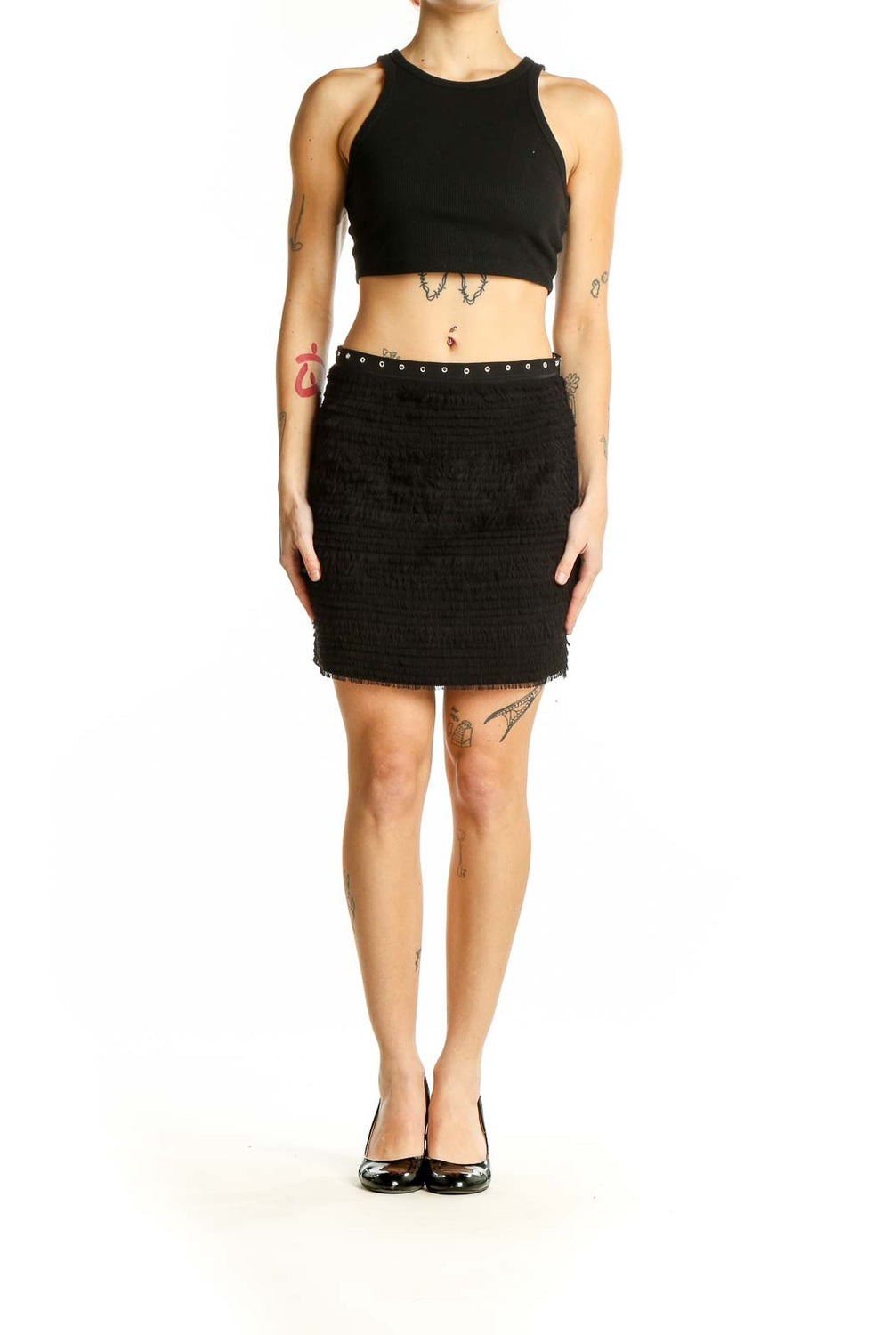 Front view of Madison Marcus Black Textured Fringe Mini Skirt with grommet waistband