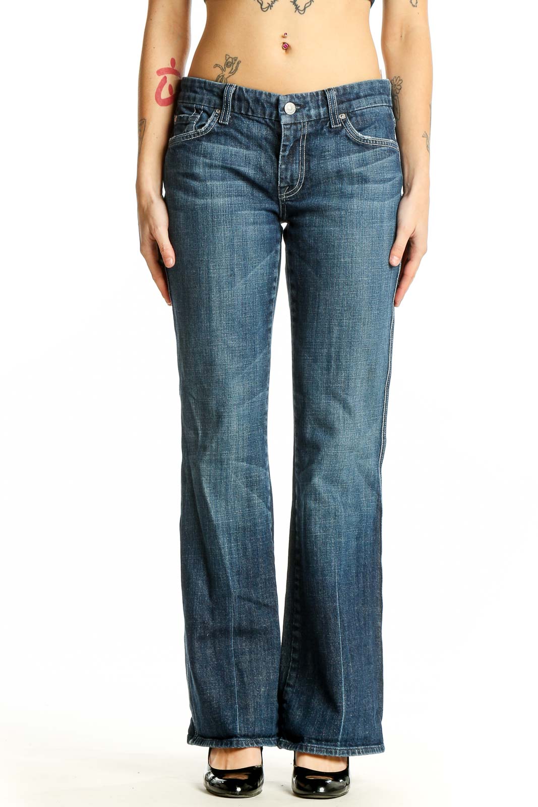 Front view of 7 For All Mankind blue denim bootcut jeans