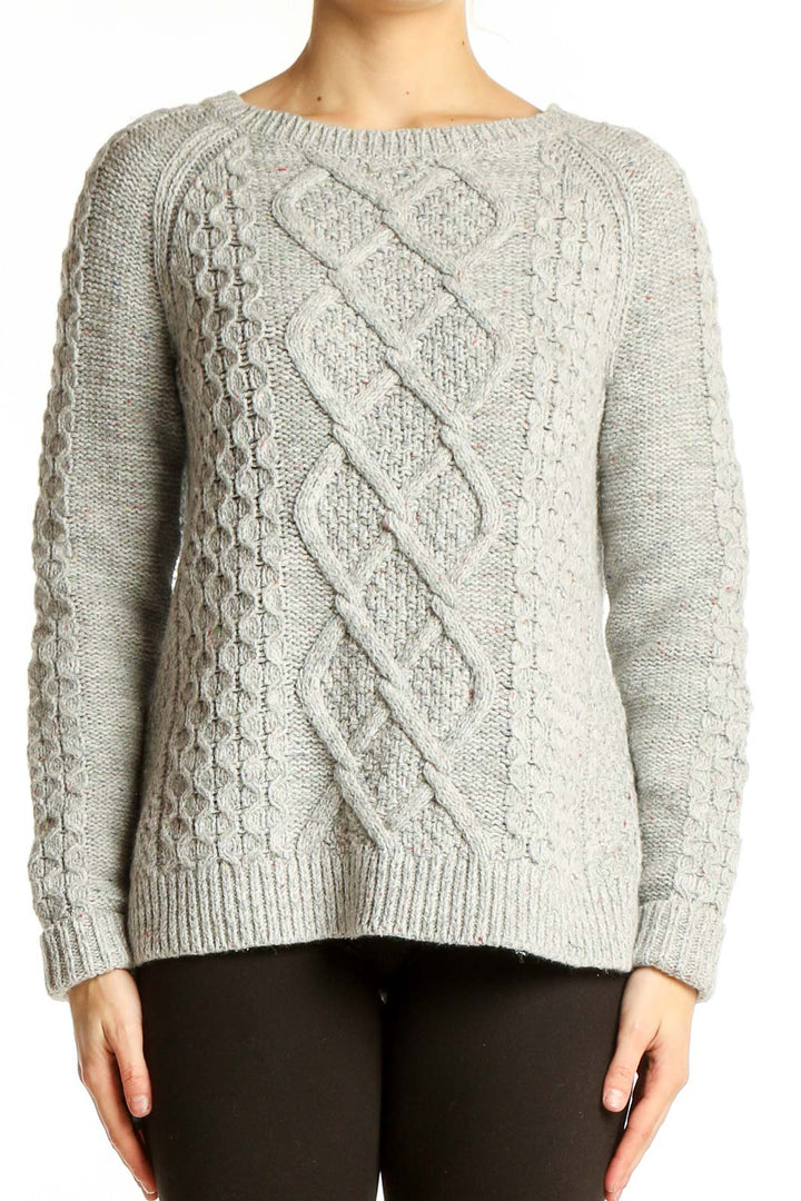 Front view of Lands' End gray cable knit sweater with intricate diamond pattern