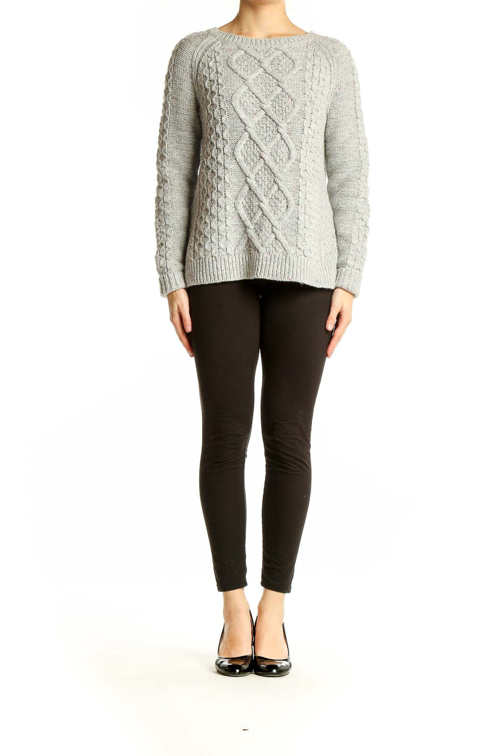 Front view of Lands' End gray cable knit sweater with intricate diamond pattern