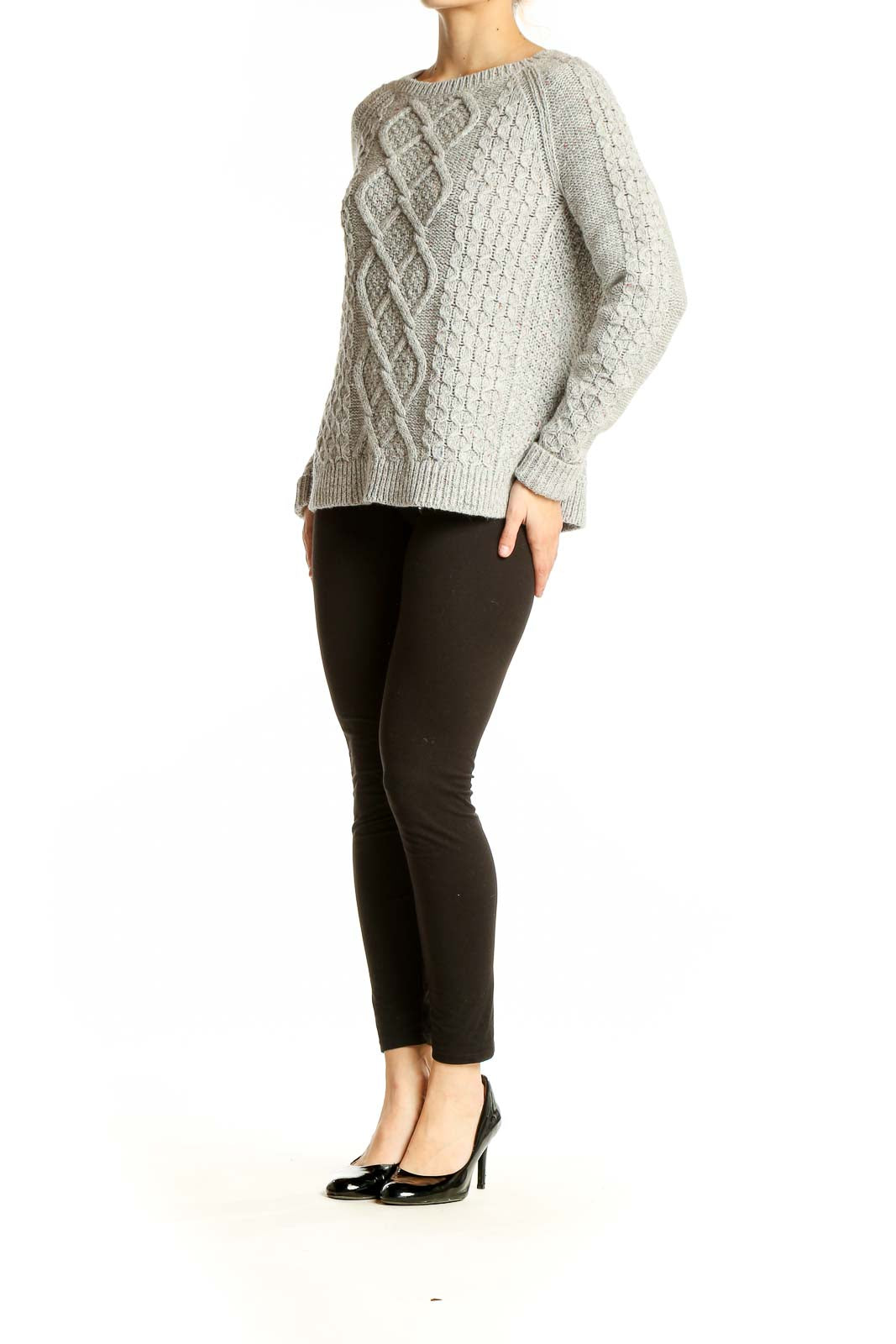 Front view of Lands' End gray cable knit sweater with intricate diamond pattern