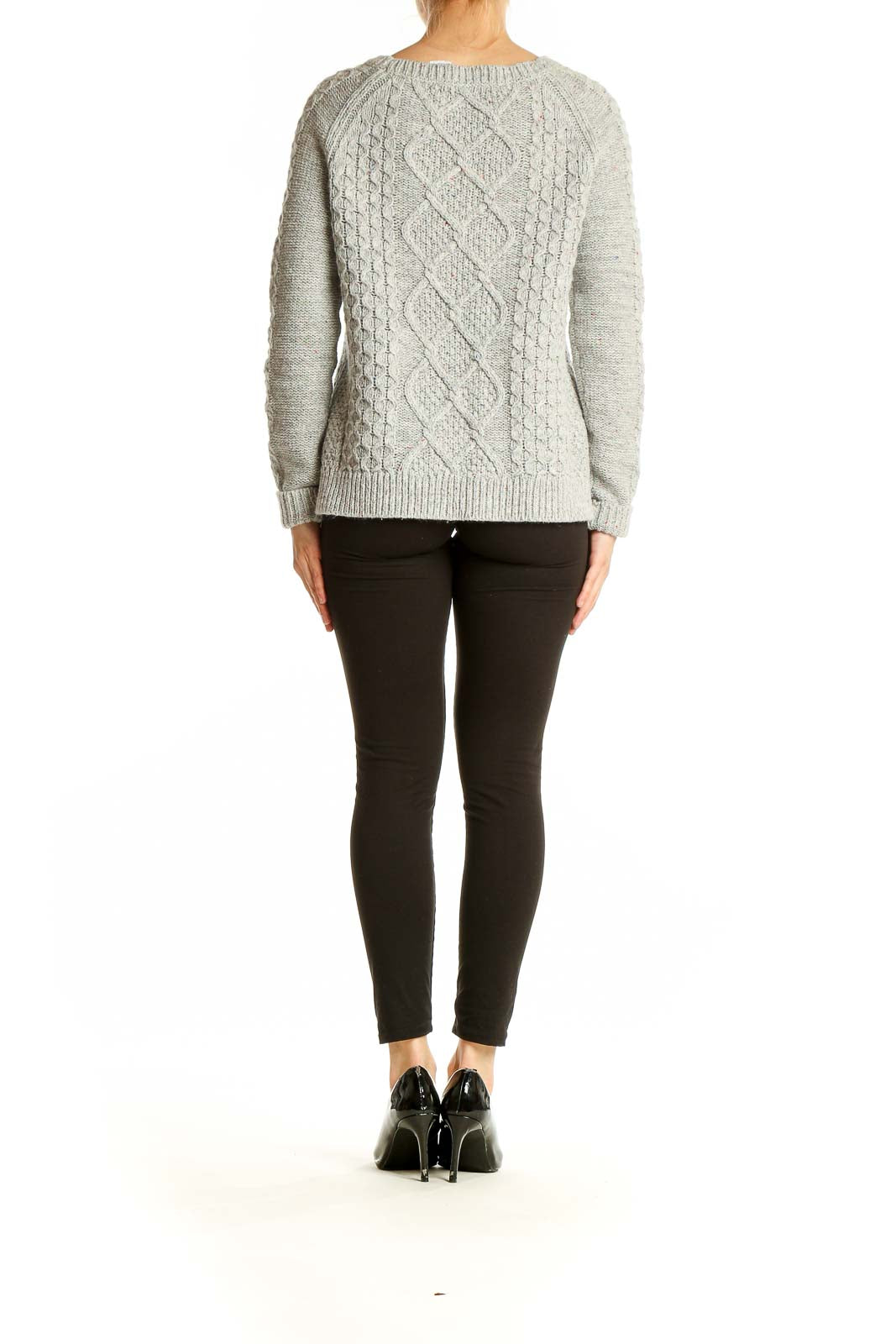 Side view of Lands' End gray cable knit sweater showing relaxed fit and texture