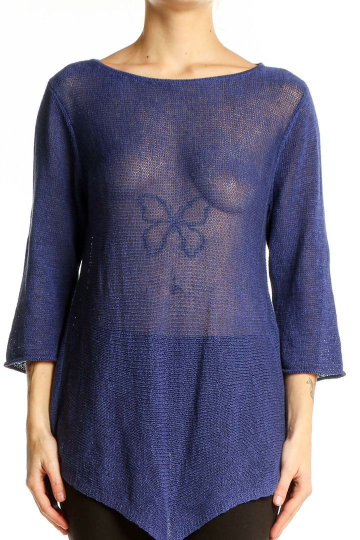 Front view of Eileen Fisher navy sheer knit tunic with asymmetrical hemline