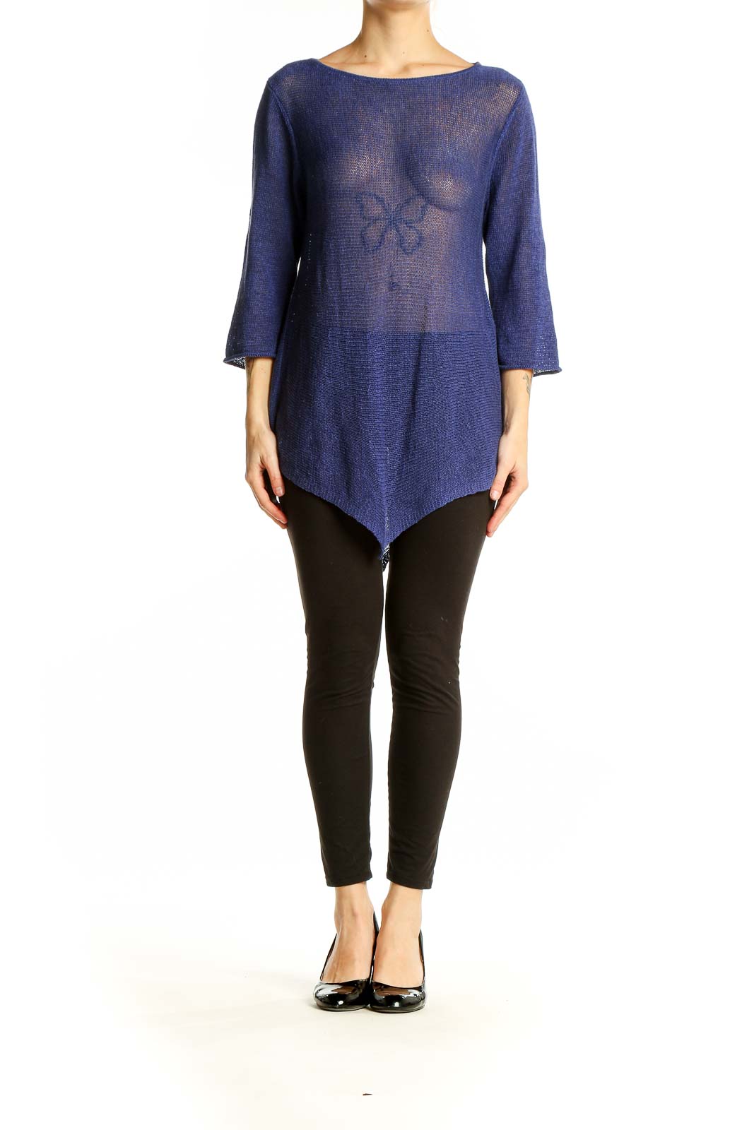 Front view of Eileen Fisher navy sheer knit tunic with asymmetrical hemline