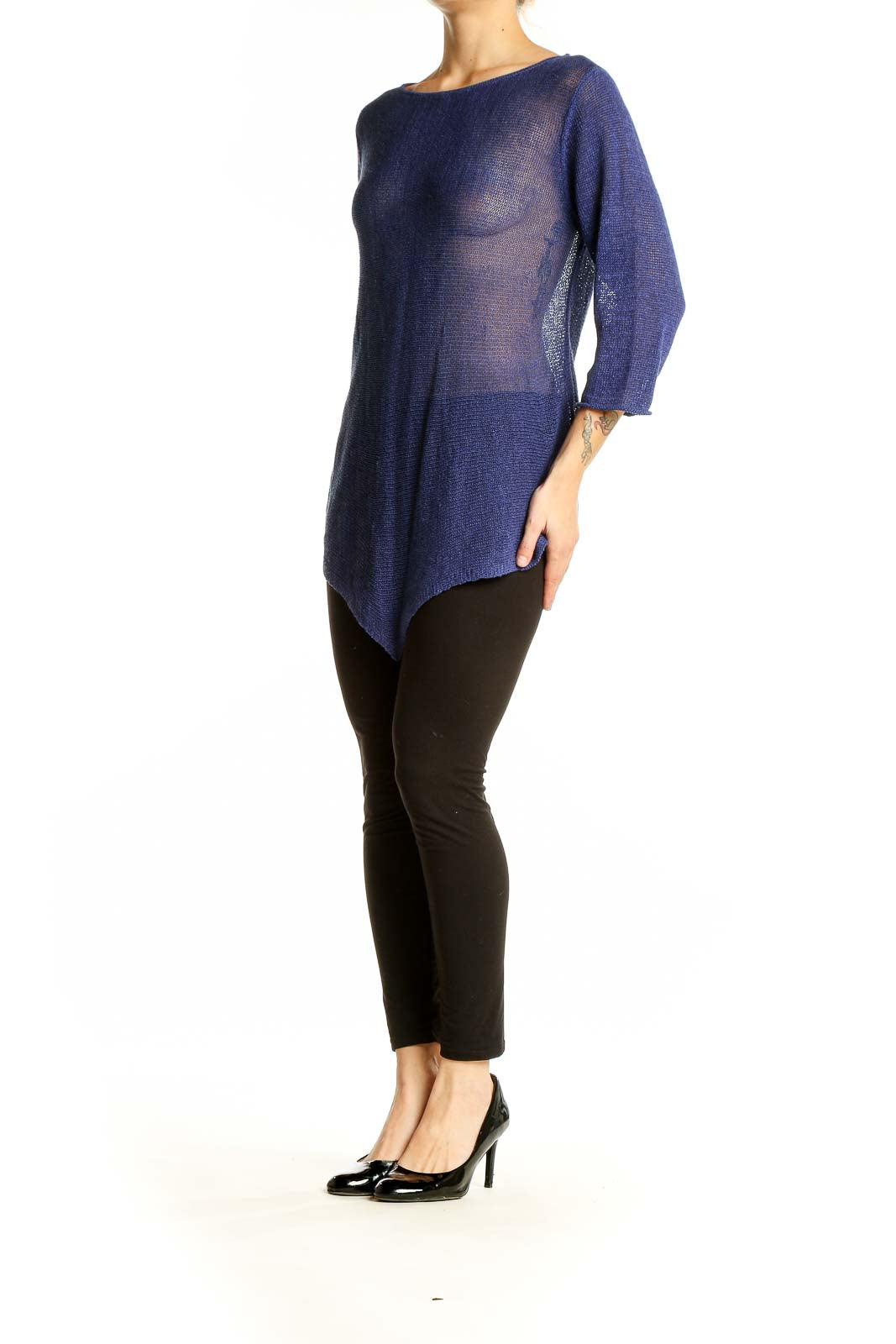 Front view of Eileen Fisher navy sheer knit tunic with asymmetrical hemline