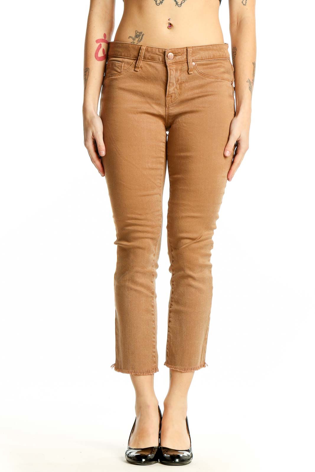 Front view of Marc By Marc Jacobs camel cropped slim fit jeans