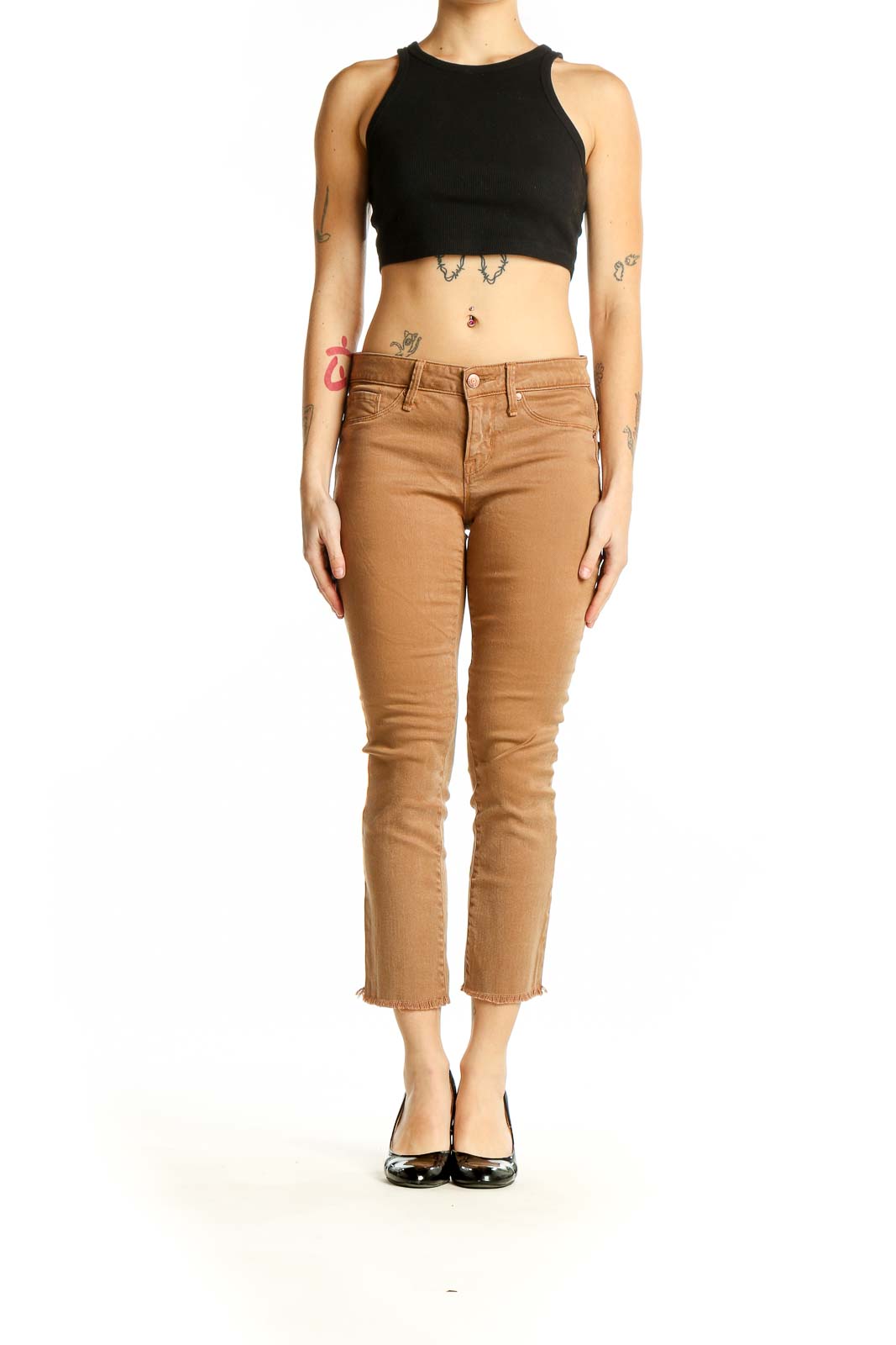 Front view of Marc By Marc Jacobs camel cropped slim fit jeans