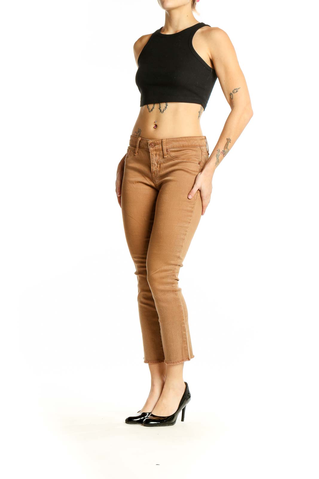 Front view of Marc By Marc Jacobs camel cropped slim fit jeans