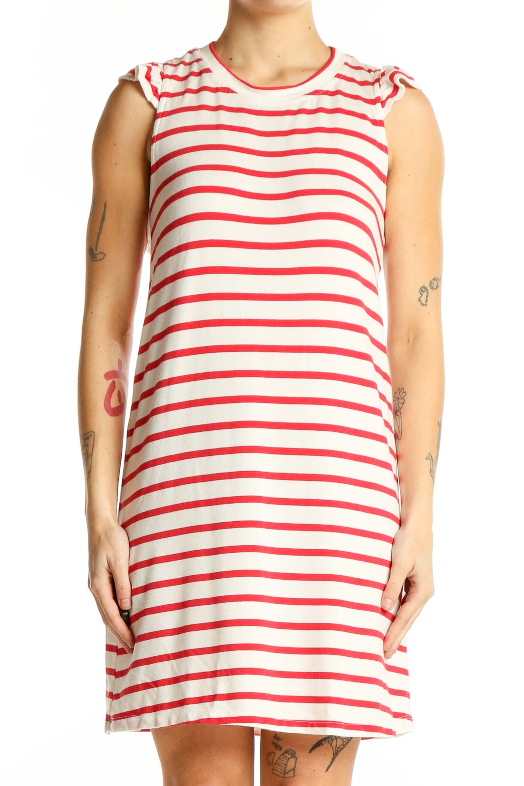 Front view of red and white striped sleeveless dress by Gibson