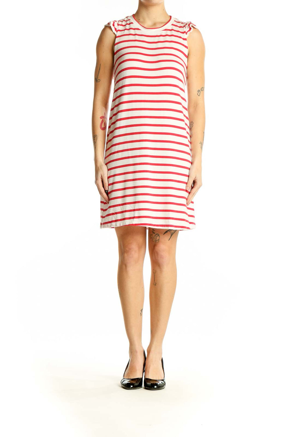 Front view of red and white striped sleeveless dress by Gibson