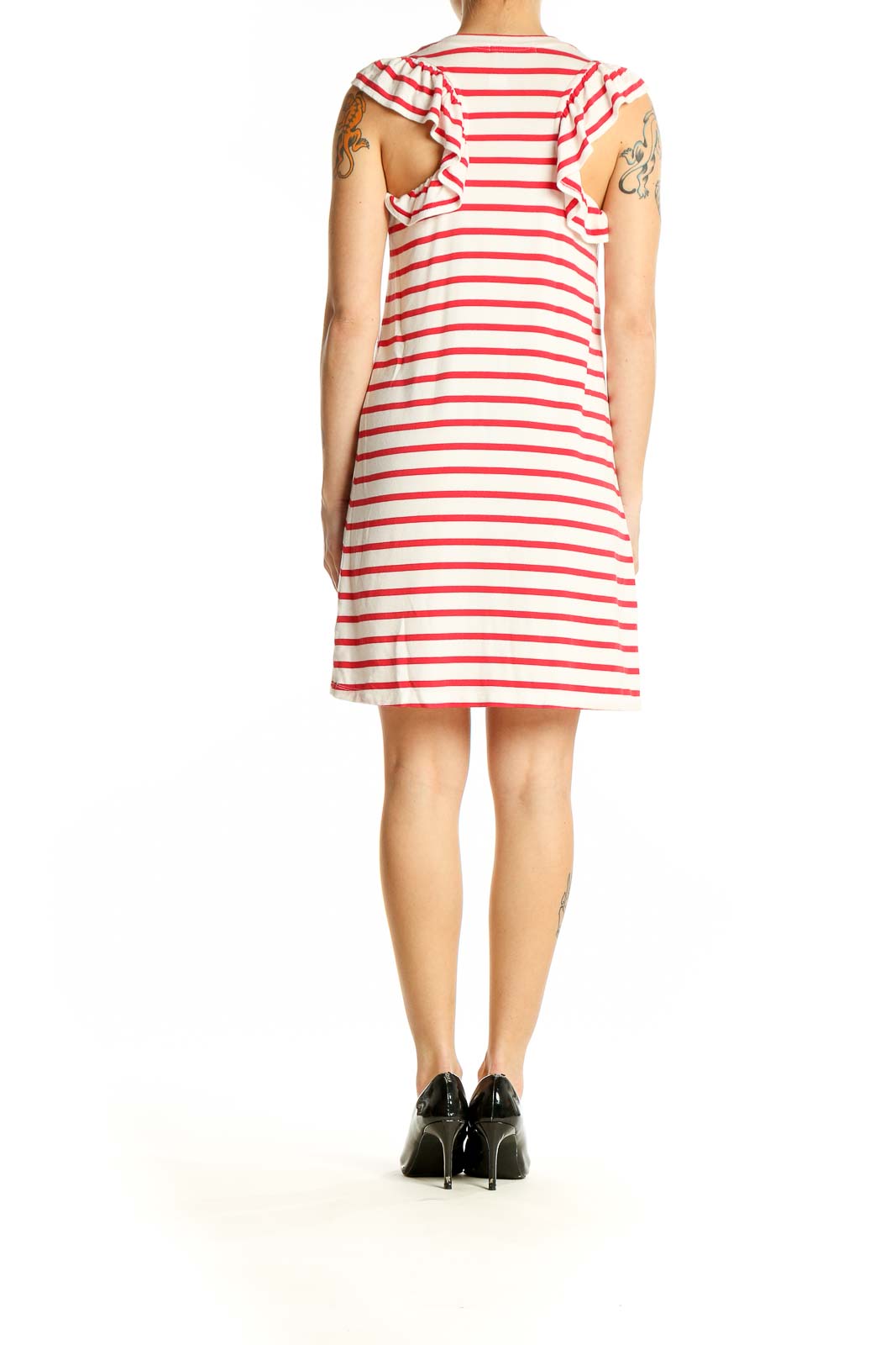 Side view of red and white striped sleeveless dress by Gibson