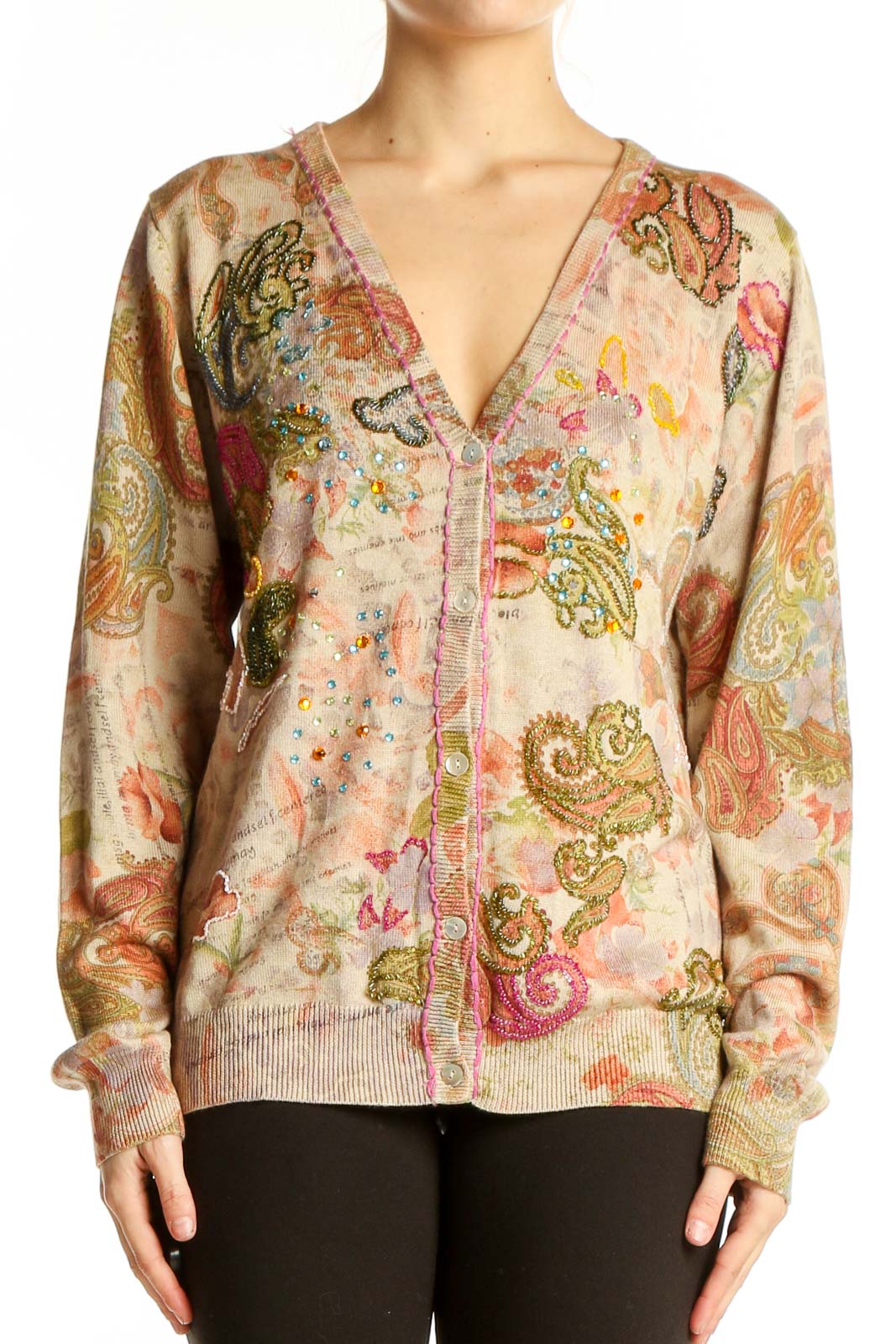 Front view of Soft Surroundings beige floral paisley V-neck cardigan