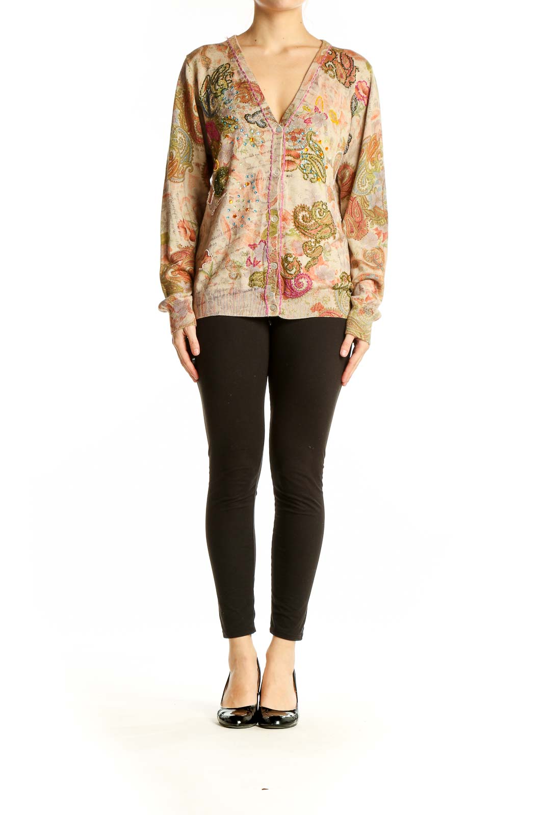 Front view of Soft Surroundings beige floral paisley V-neck cardigan