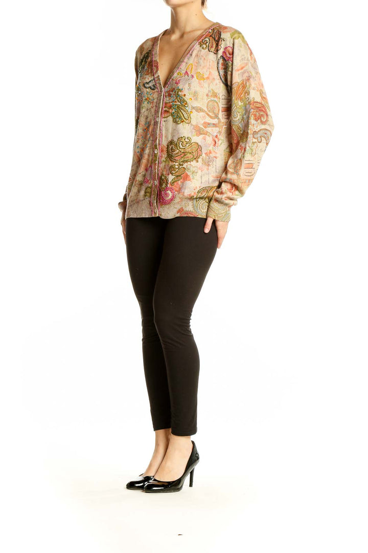 Front view of Soft Surroundings beige floral paisley V-neck cardigan