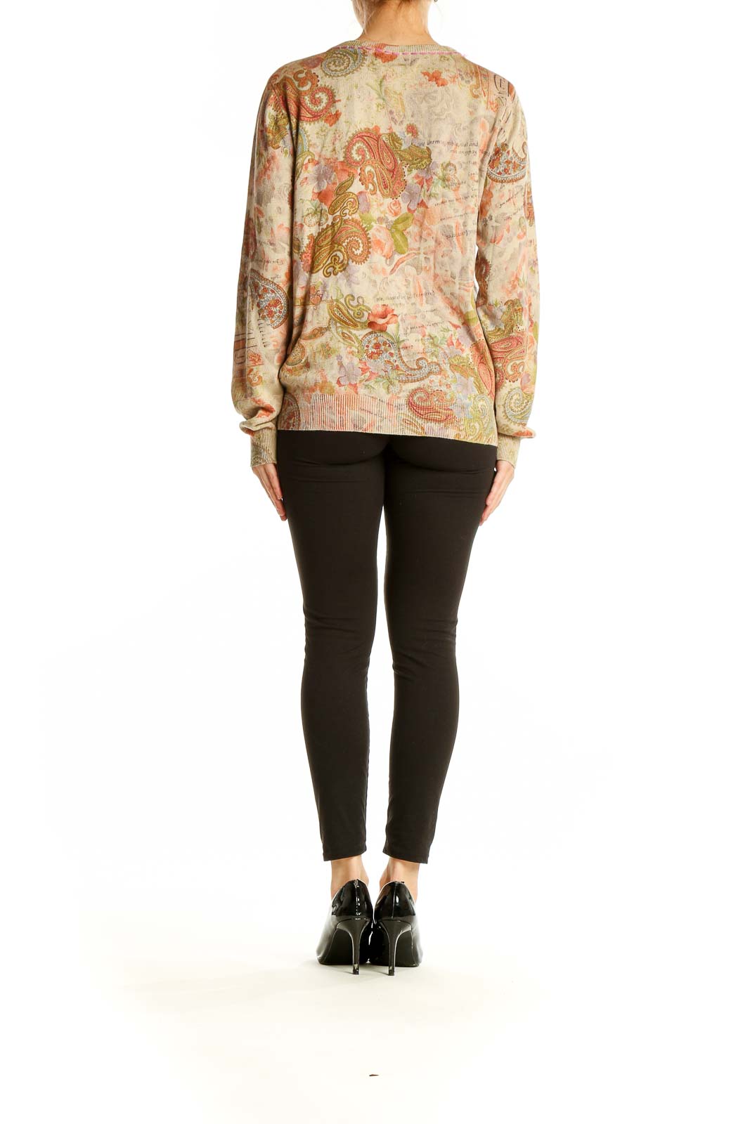 Back view of Soft Surroundings beige floral paisley V-neck cardigan