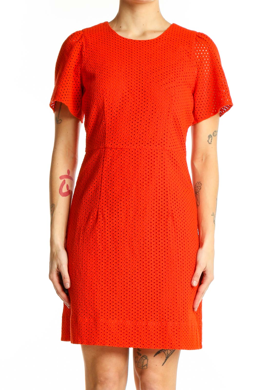 Front view of red J.Crew eyelet lace short sleeve dress