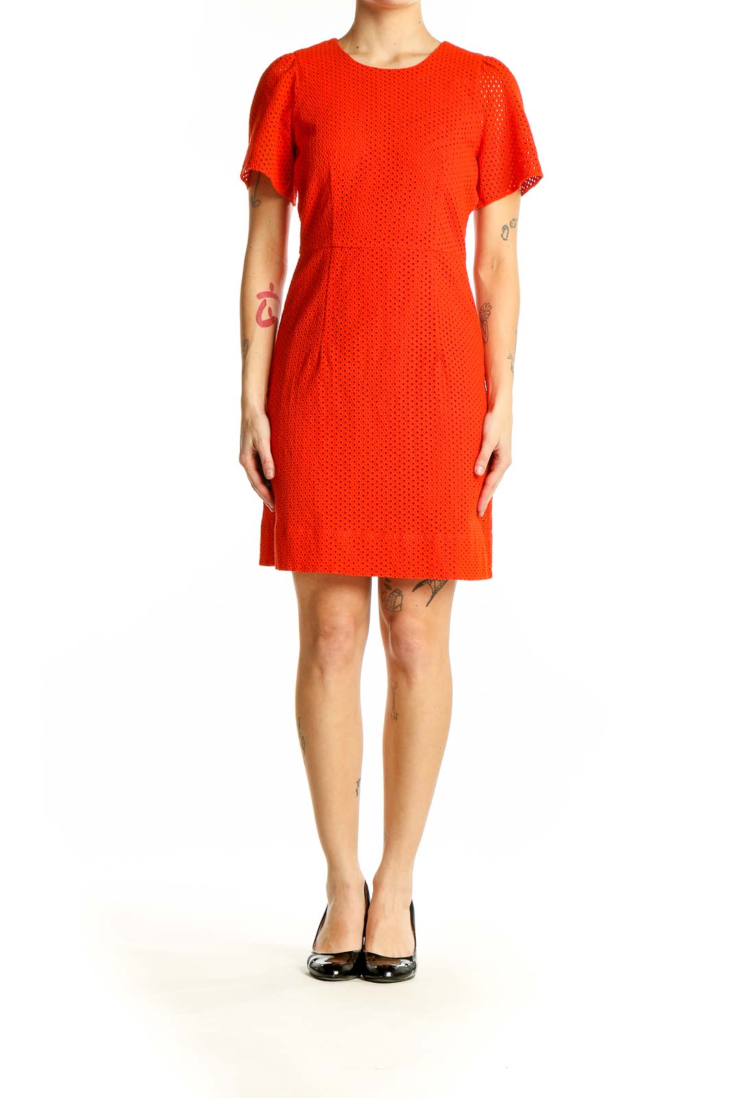 Front view of red J.Crew eyelet lace short sleeve dress