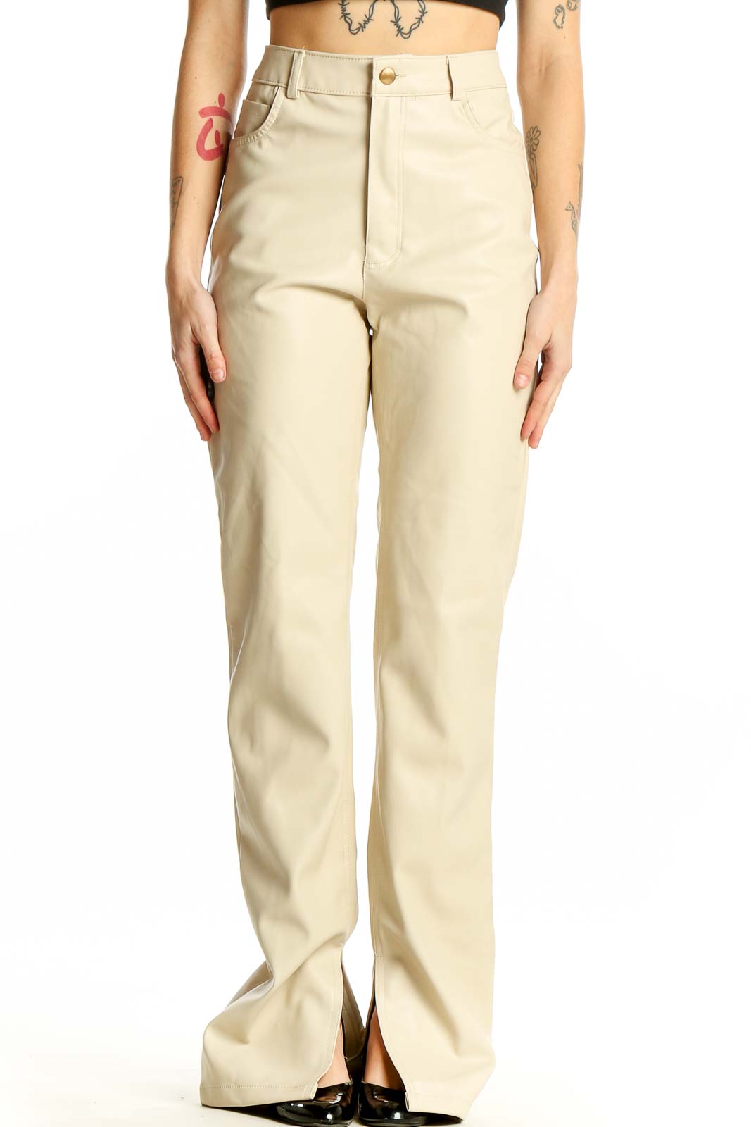 Front view of Zara beige high-waisted trousers with split hems