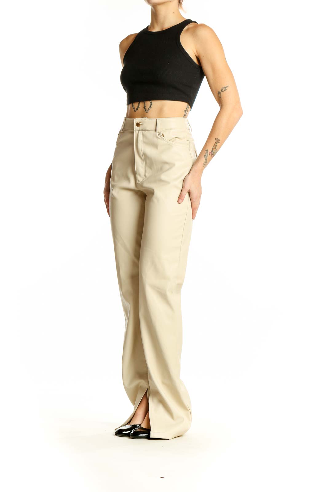 Front view of Zara beige high-waisted trousers with split hems