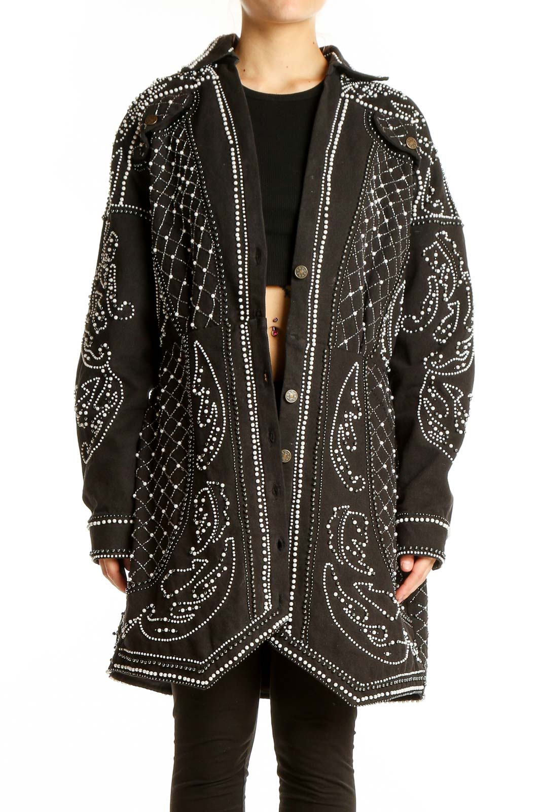 Front view of ASOS black oversized jacket with silver embellishments