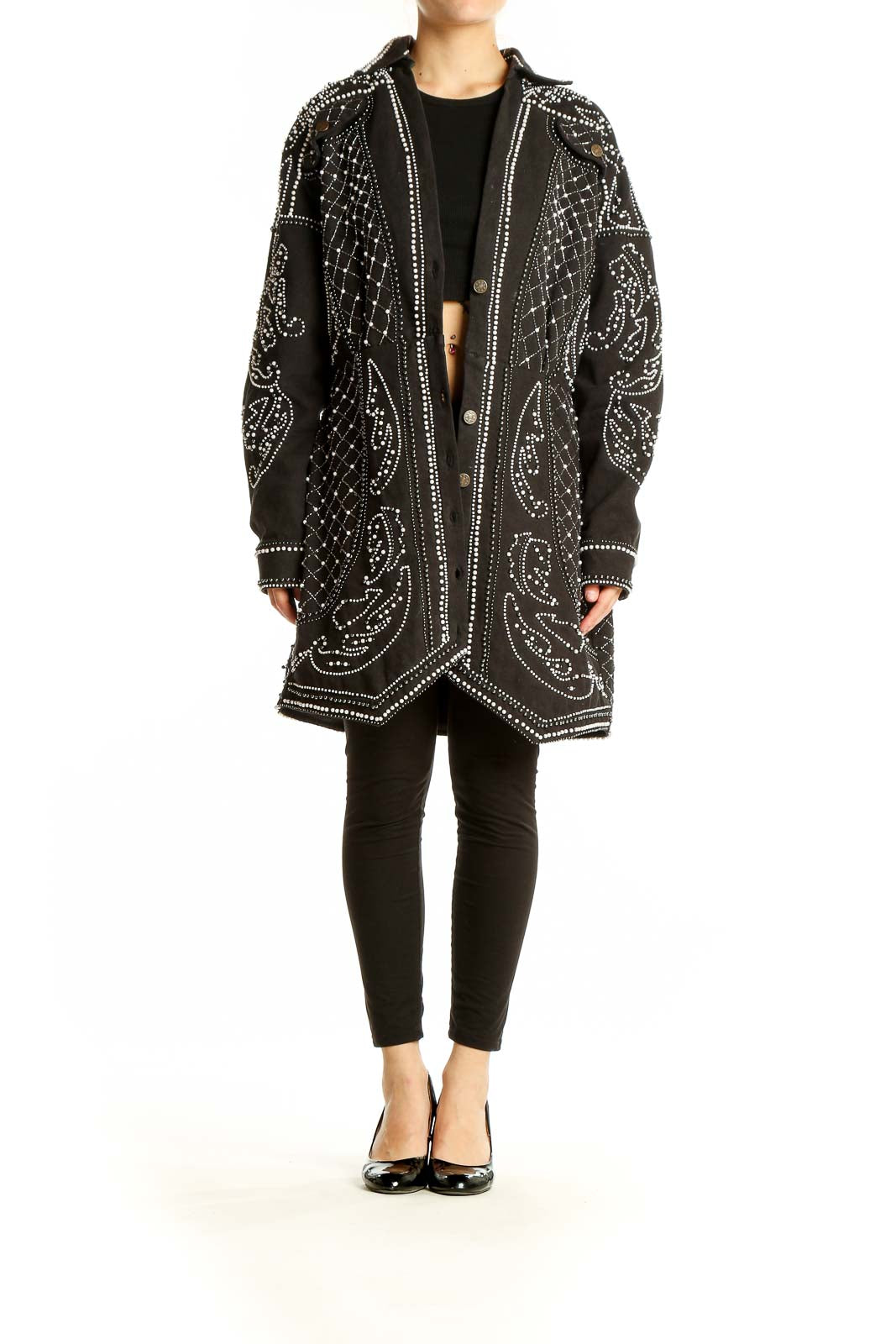 Front view of ASOS black oversized jacket with silver embellishments