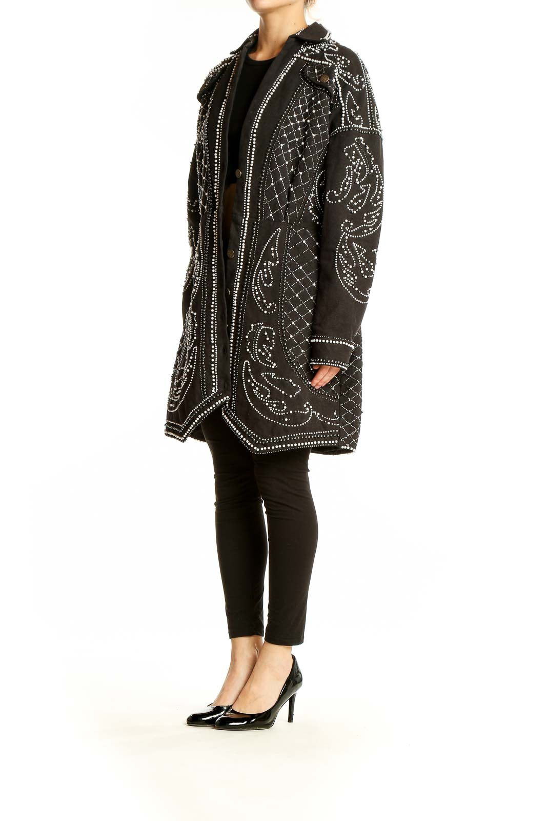 Front view of ASOS black oversized jacket with silver embellishments