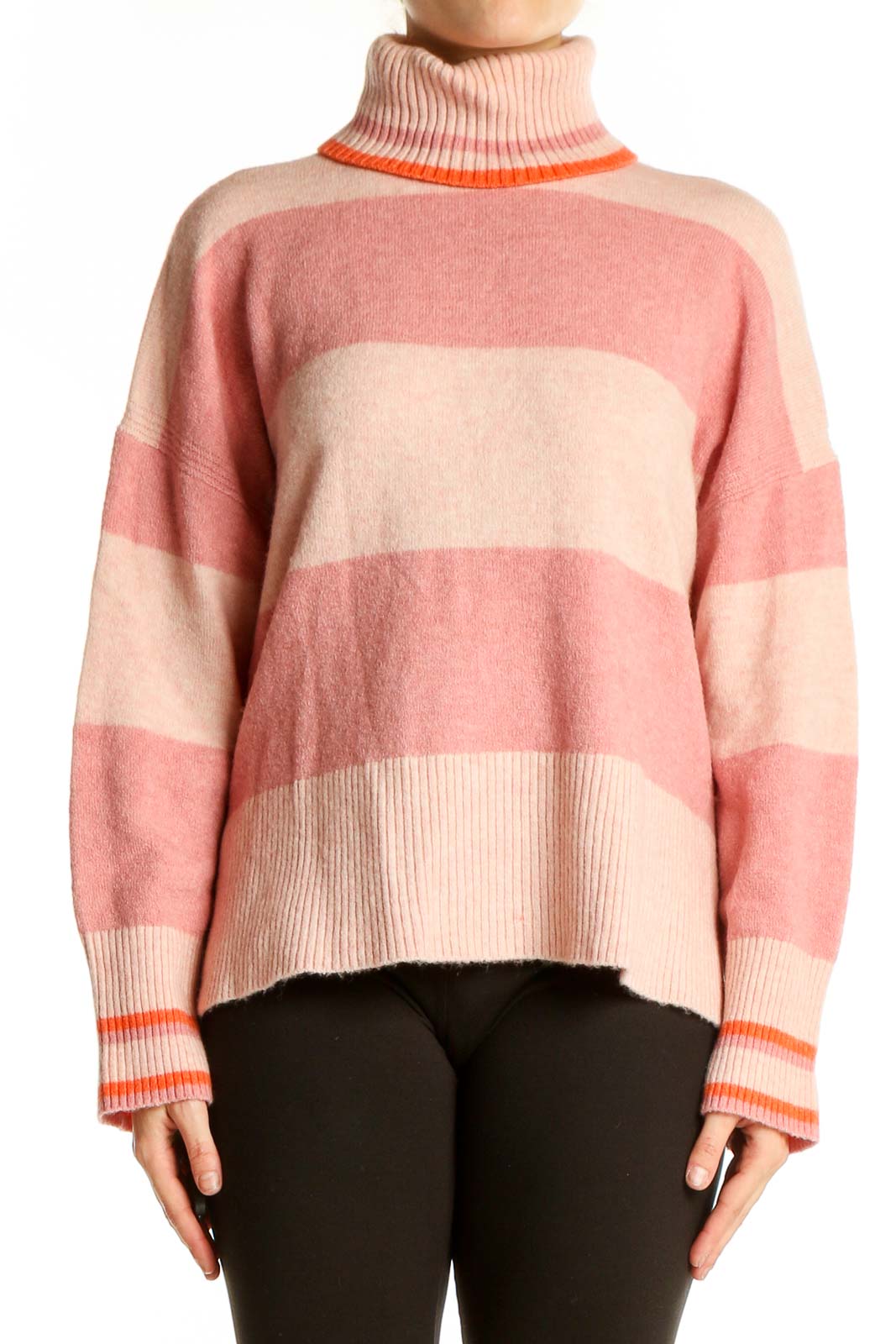 Front view of J.Crew pink striped turtleneck sweater with orange accents