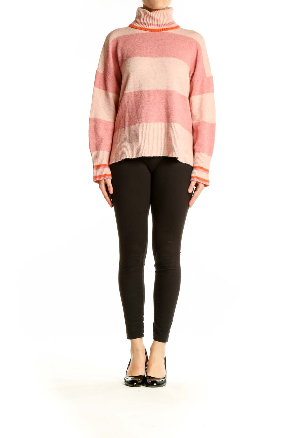 Front view of J.Crew pink striped turtleneck sweater with orange accents