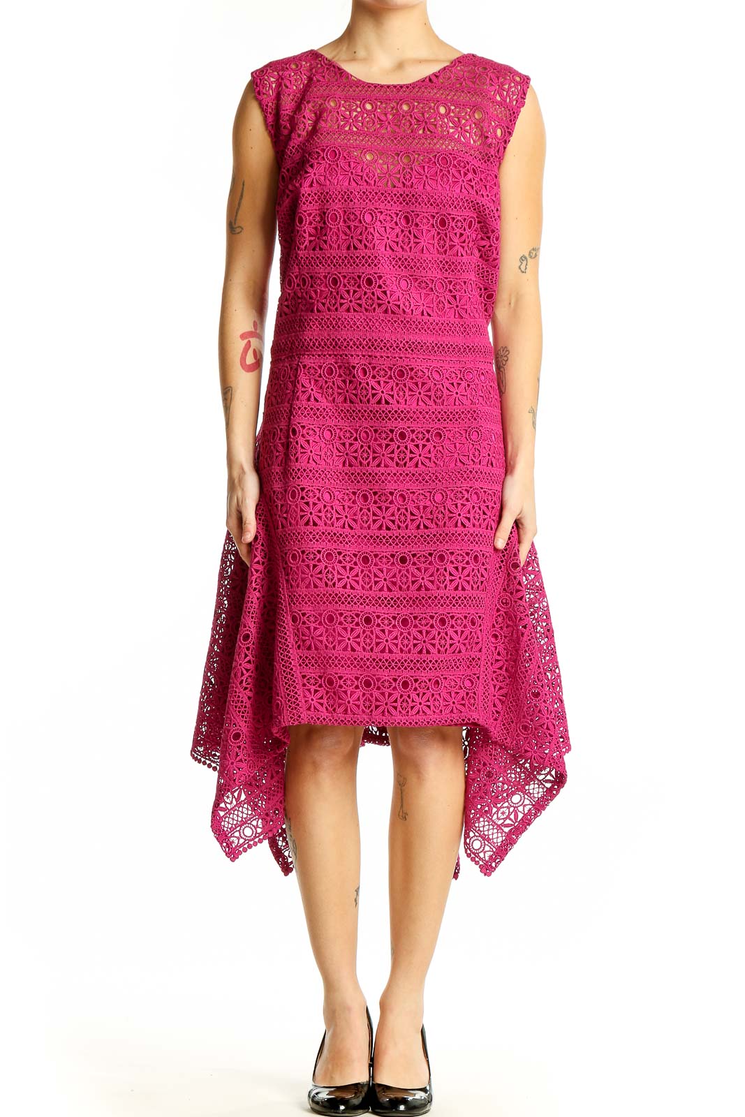 Front view of Theia fuchsia lace dress with handkerchief hem