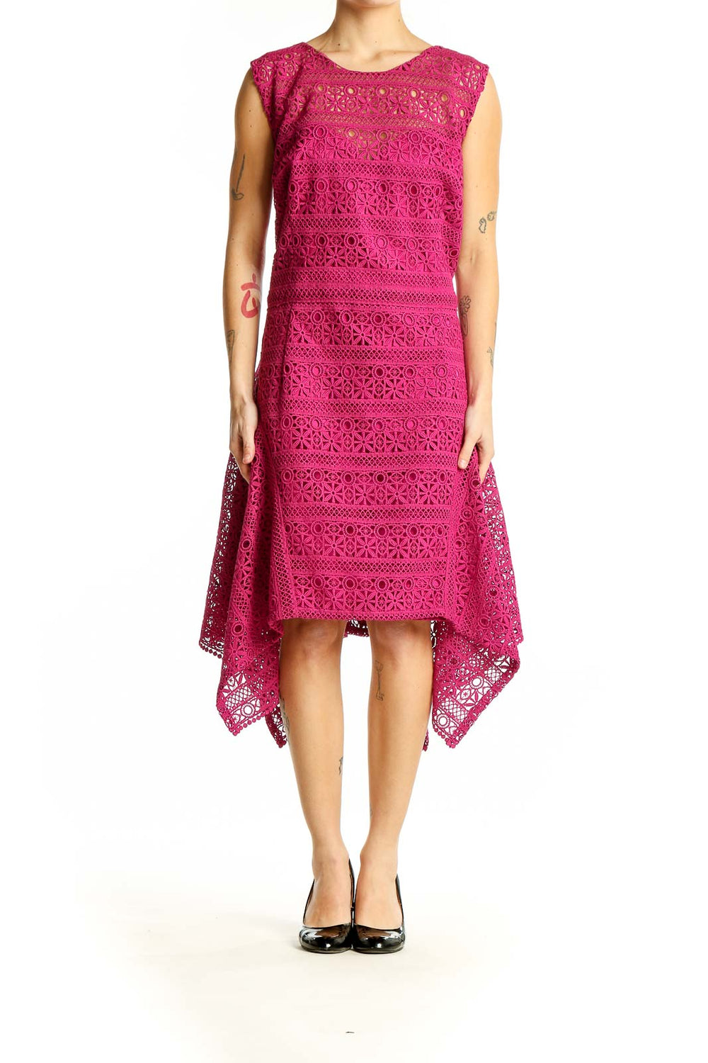 Front view of Theia fuchsia lace dress with handkerchief hem