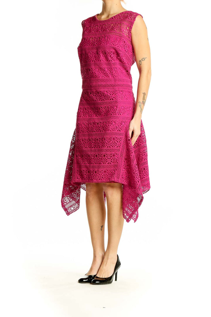 Front view of Theia fuchsia lace dress with handkerchief hem