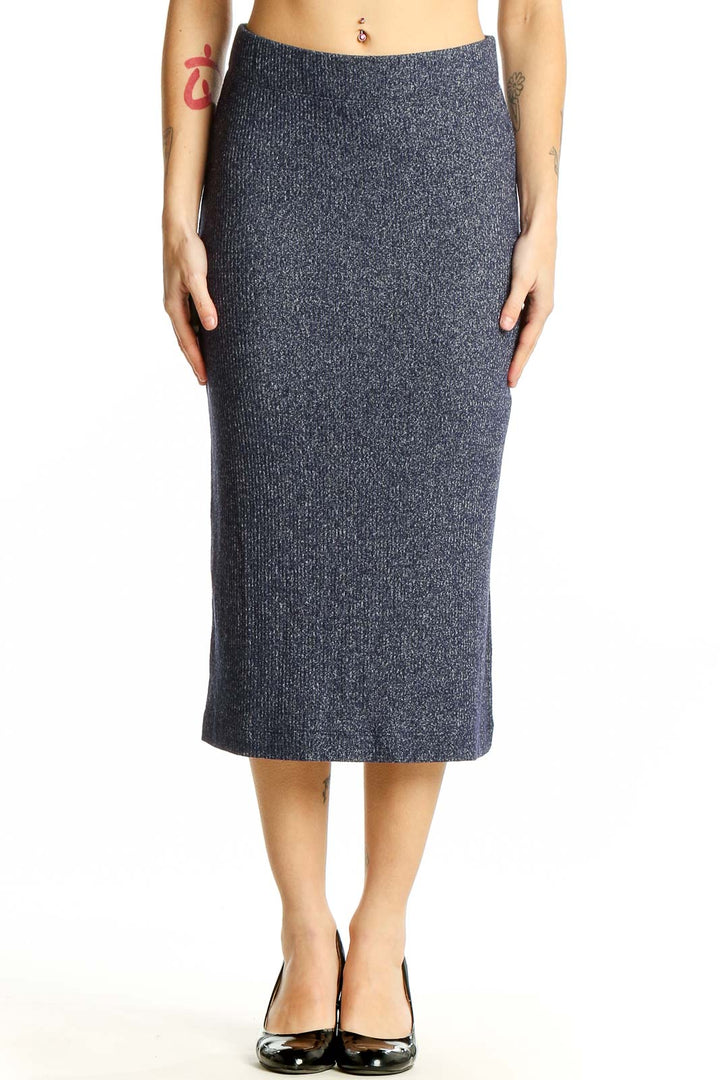 Front view of Banana Republic navy ribbed midi pencil skirt