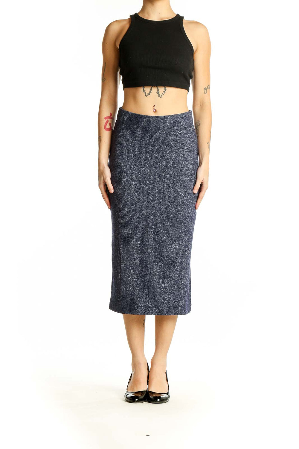 Front view of Banana Republic navy ribbed midi pencil skirt