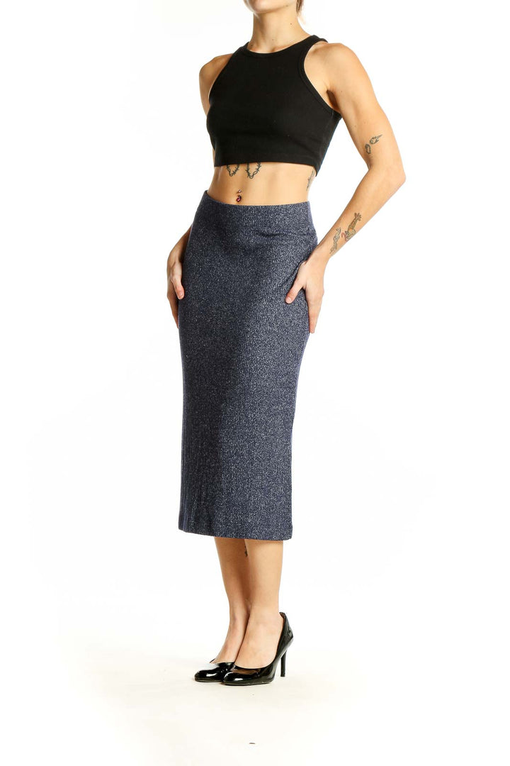 Front view of Banana Republic navy ribbed midi pencil skirt