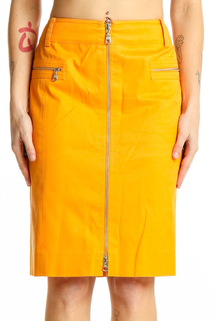 Front view of yellow Carlisle pencil skirt with zipper closure