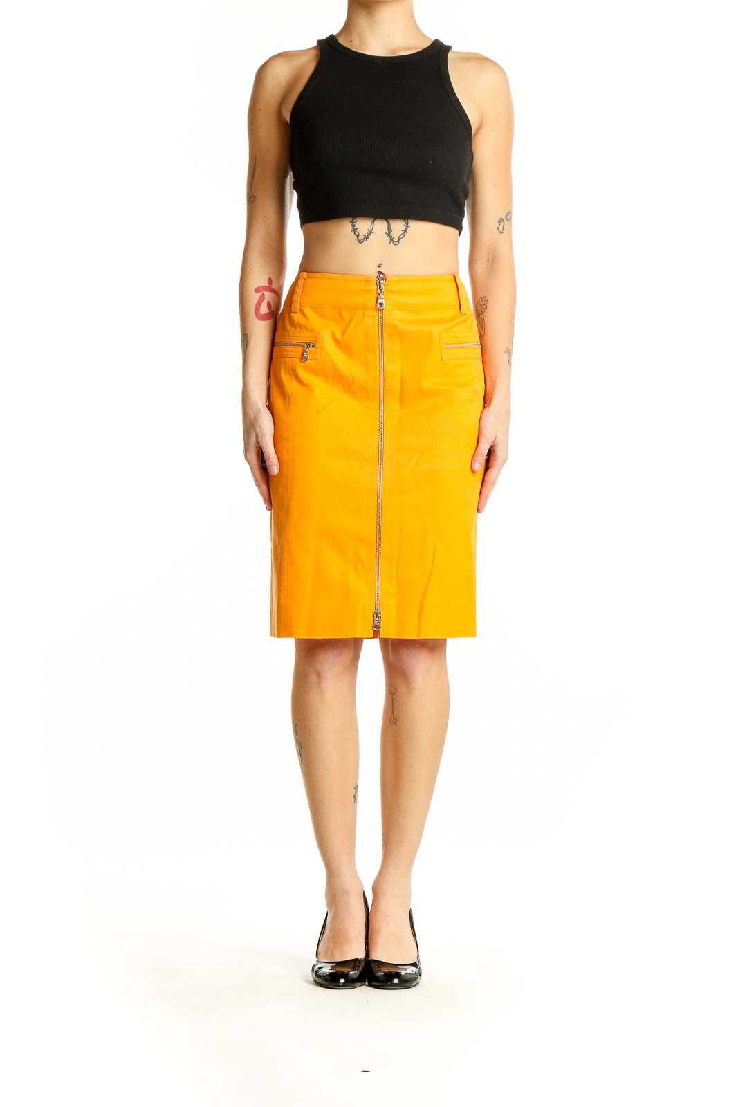 Front view of yellow Carlisle pencil skirt with zipper closure