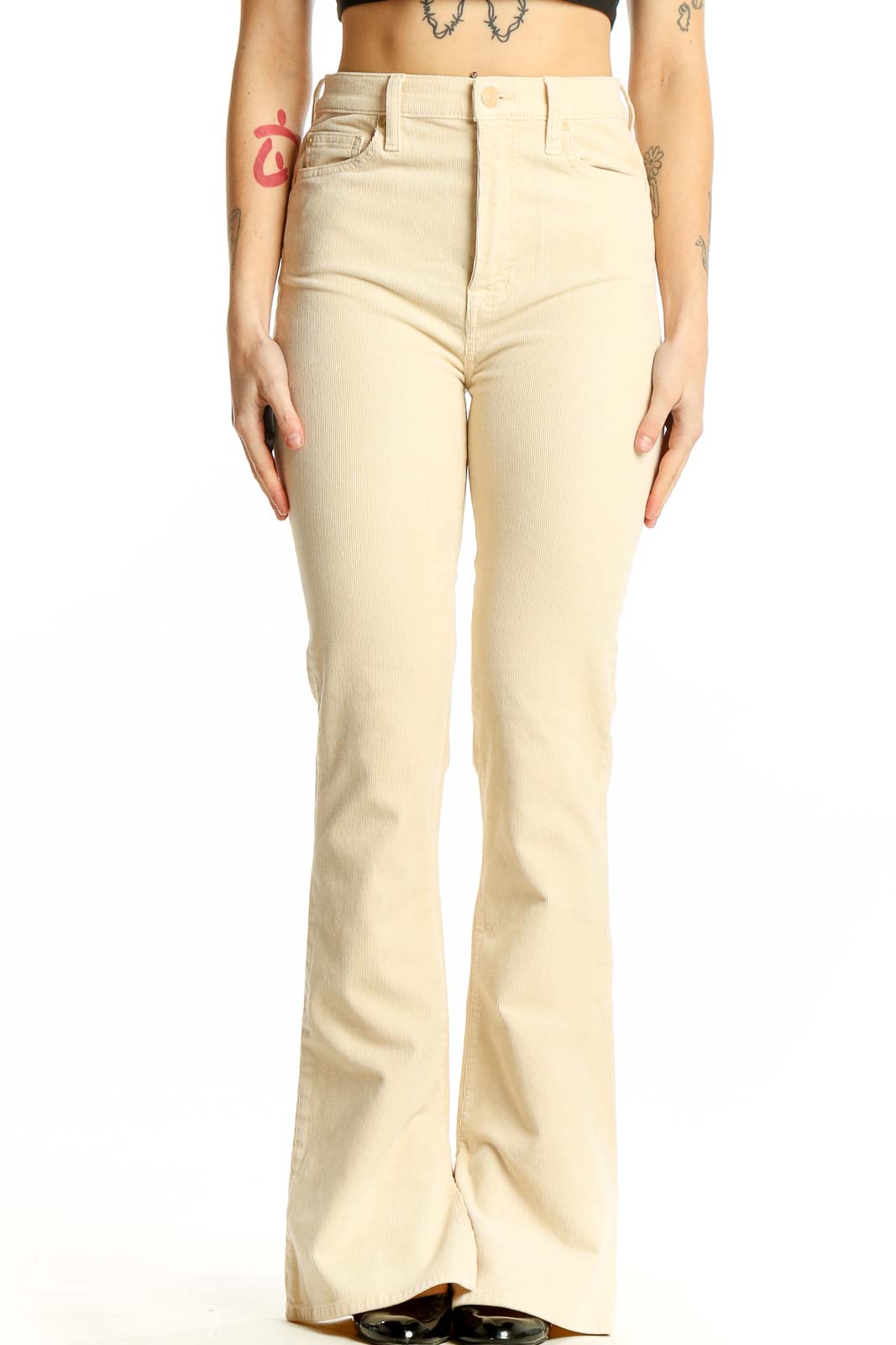 Front view of 7 For All Mankind cream high-waisted flared pants